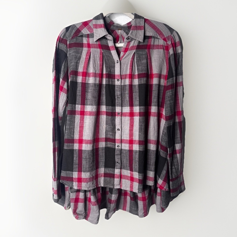 Free People Size XS Preppy In Plaid Tunic Top Red Black Gray Oversized Button Up
